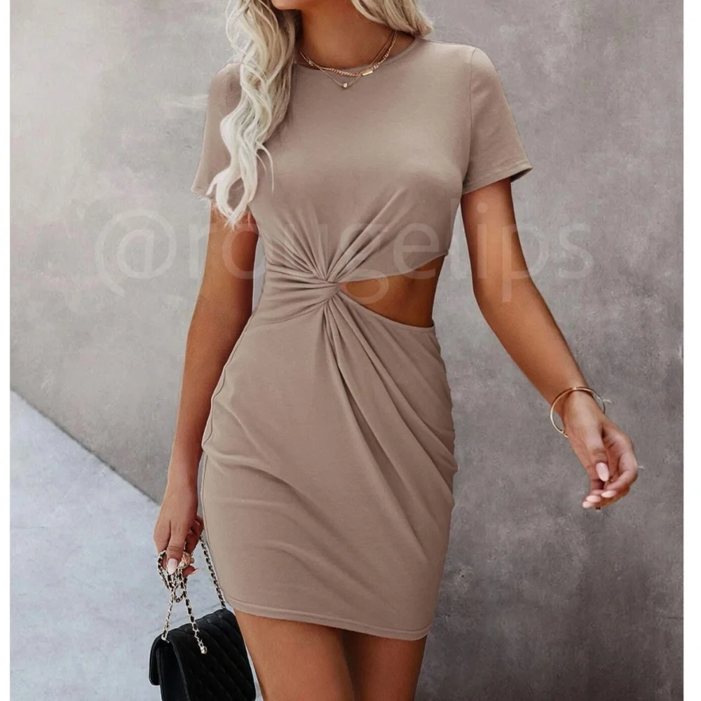 Casual Tee Shirt Dress Cutout Short Sleeve Beige Mini - Picture 1 of 6